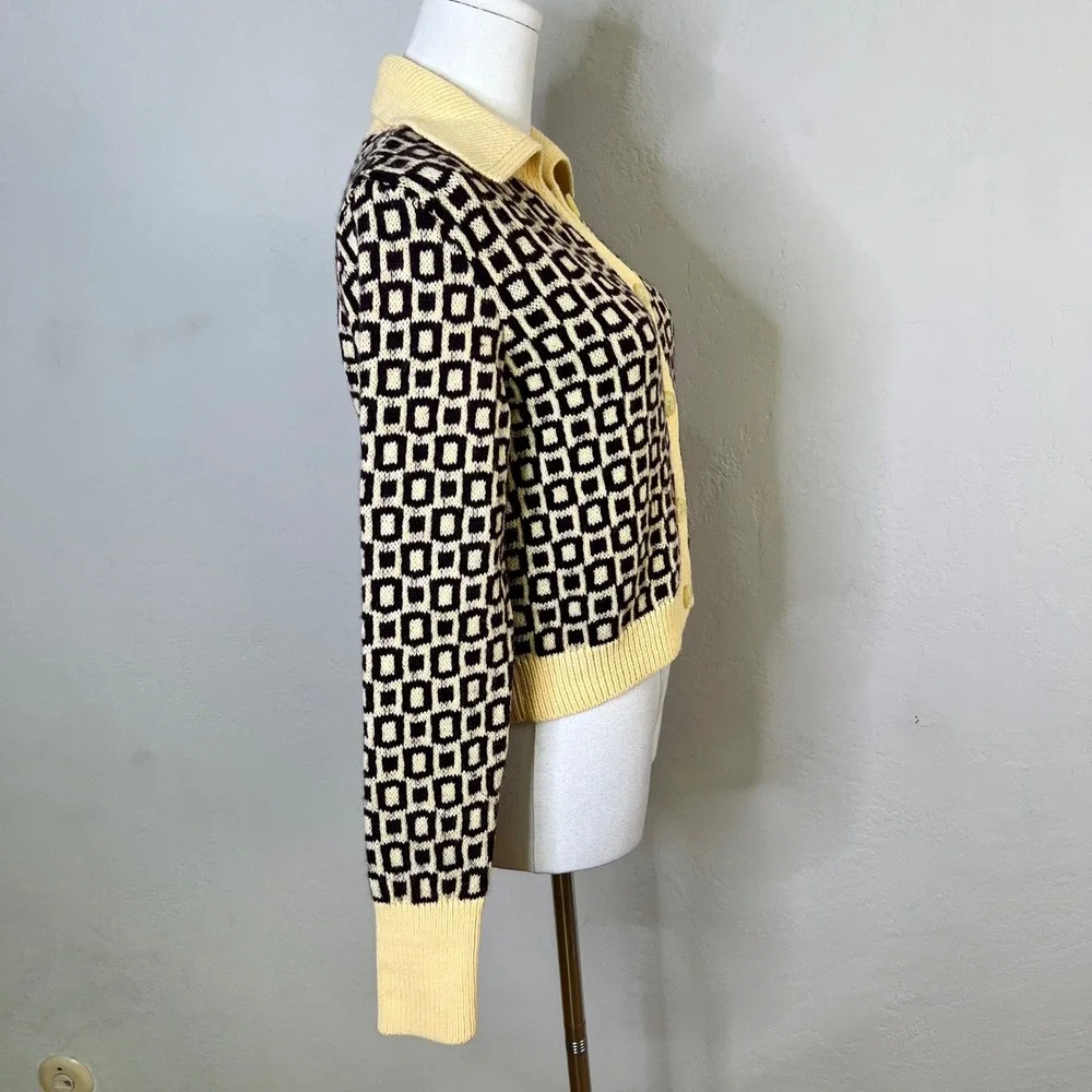 Zara‎ Cardigan Sweater Geometric Collared Size Small Yellow NEW Retro Wool Blend